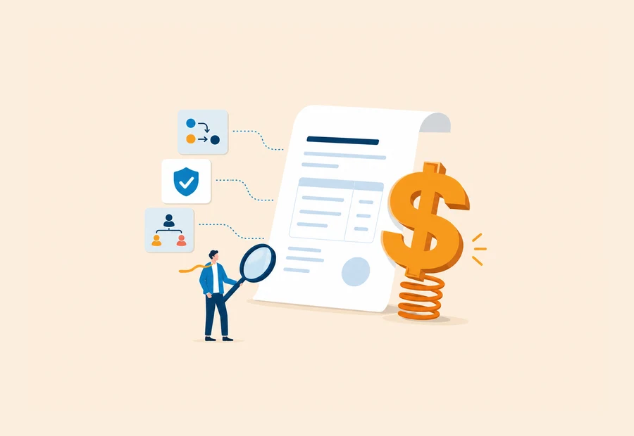 Person examining a pricing document beside a dollar sign mounted on a spring.
