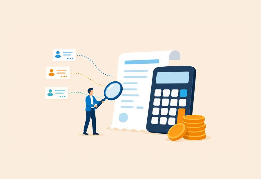 Person reviewing an invoice beside a calculator, record cards, and coins.