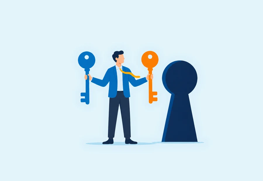 Person holding a blue key and an orange key beside a large keyhole.