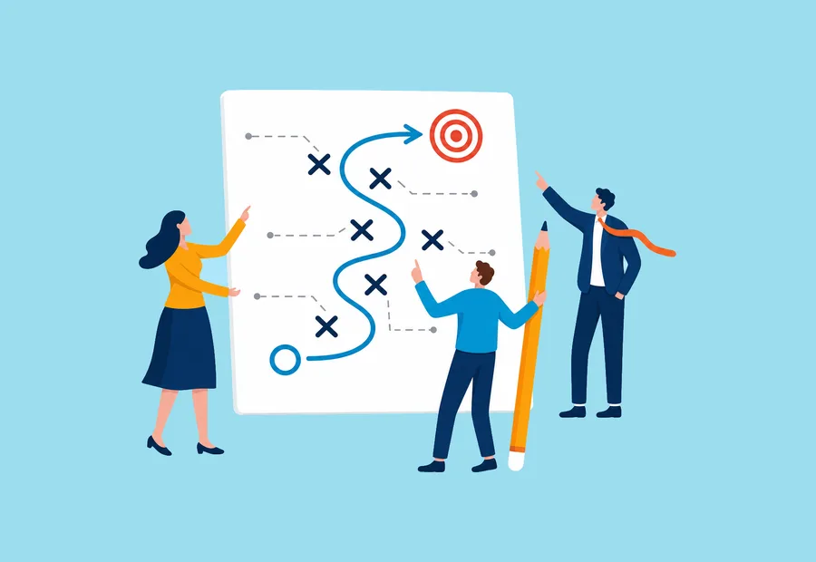 Three people drawing a route around obstacles toward a target.