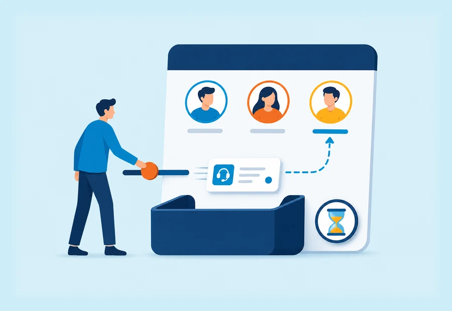 Illustration of a support operator assigning case cards from a shared queue to the right Salesforce agent.