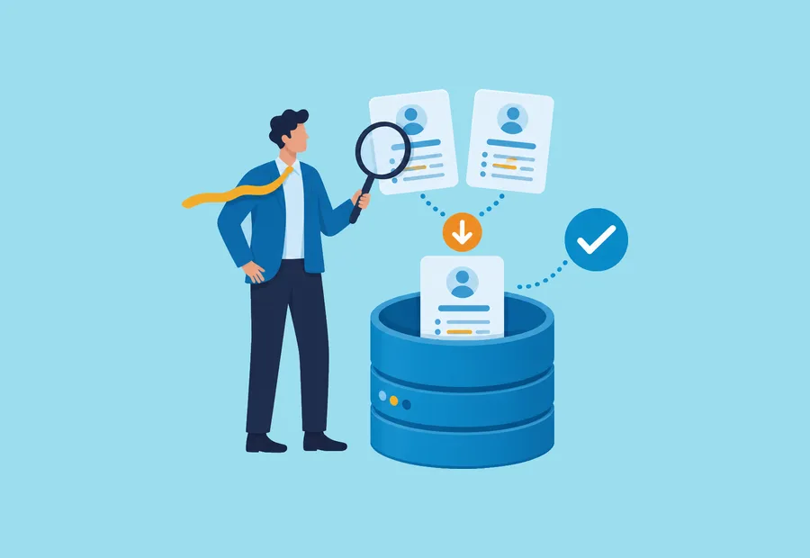 Person inspecting two duplicate profile cards being combined into one database record.