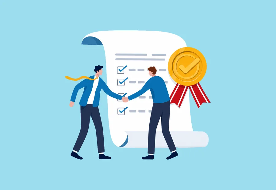Two people shaking hands beside a completed checklist and an award seal.