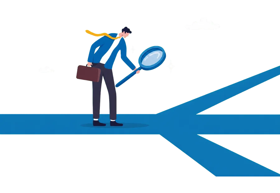 Illustration of a person inspecting a route arrow with a magnifying glass.