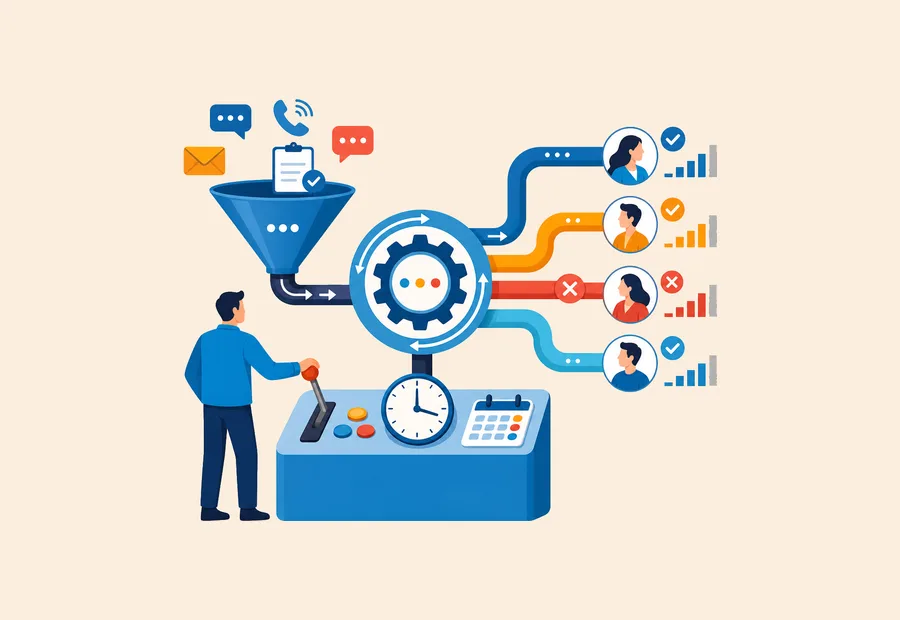 Operator routing phone, email, chat, and record requests through a central control to agents with availability indicators.