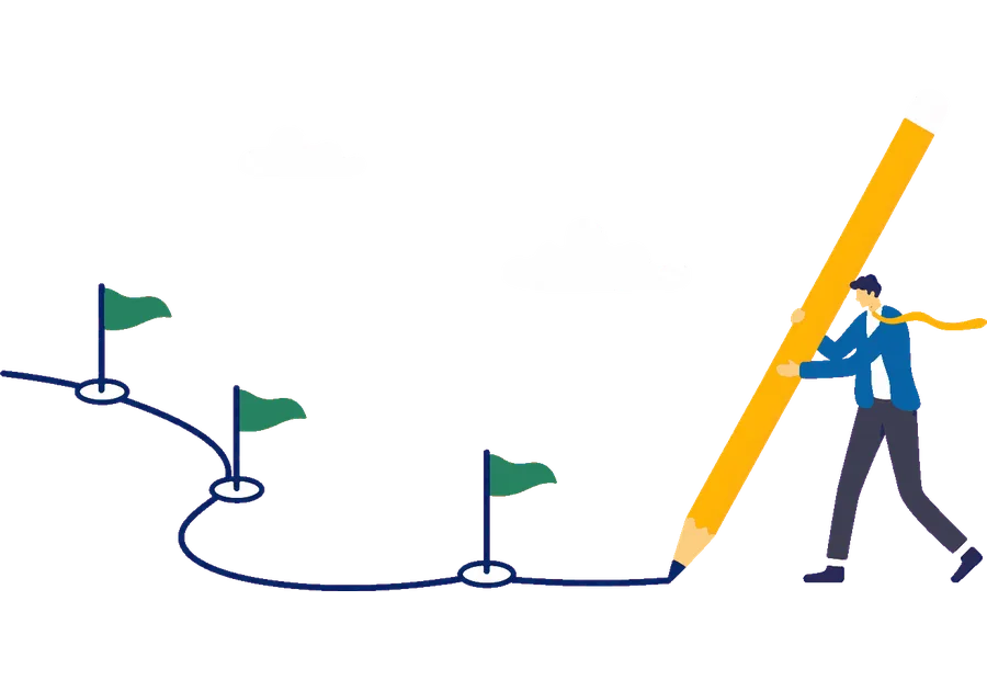 Person drawing a route connecting three flags with an oversized pencil.