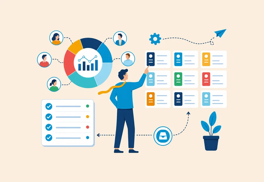 Person organizing ticket cards beside a checklist, customer profiles, and a reporting chart.