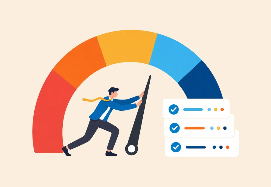 Person moving a gauge needle beside three checked skill indicators.