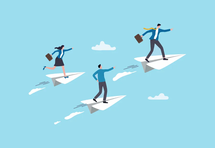 Three businesspeople riding paper airplanes.