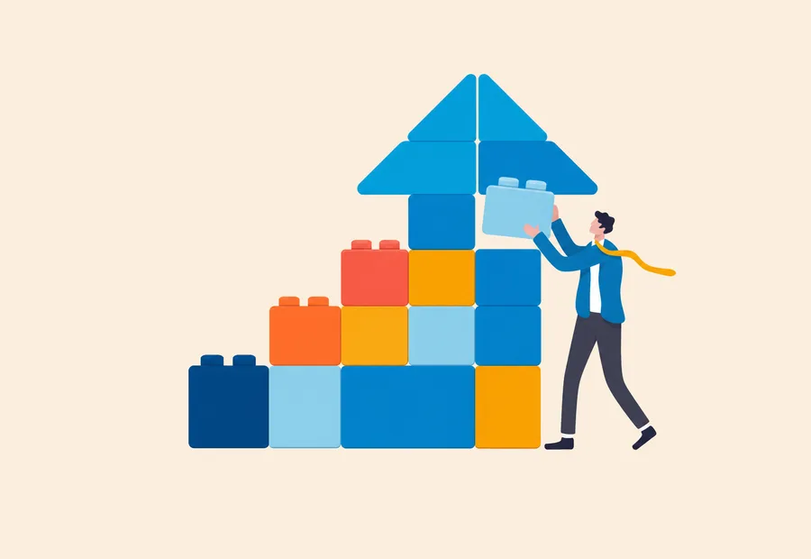 Person adding a block to a rising arrow built from colorful blocks.
