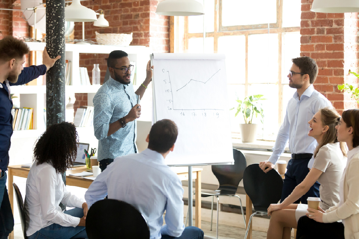 Team gathered around a presenter explaining a rotating assignment process on a flip chart, symbolizing how round-robin assignment improves lead management.