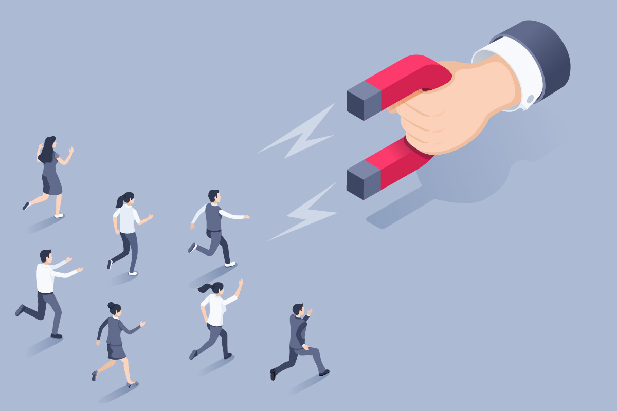 Hand holding a magnet pulling customers closer, symbolizing customer retention and expansion for net revenue retention.