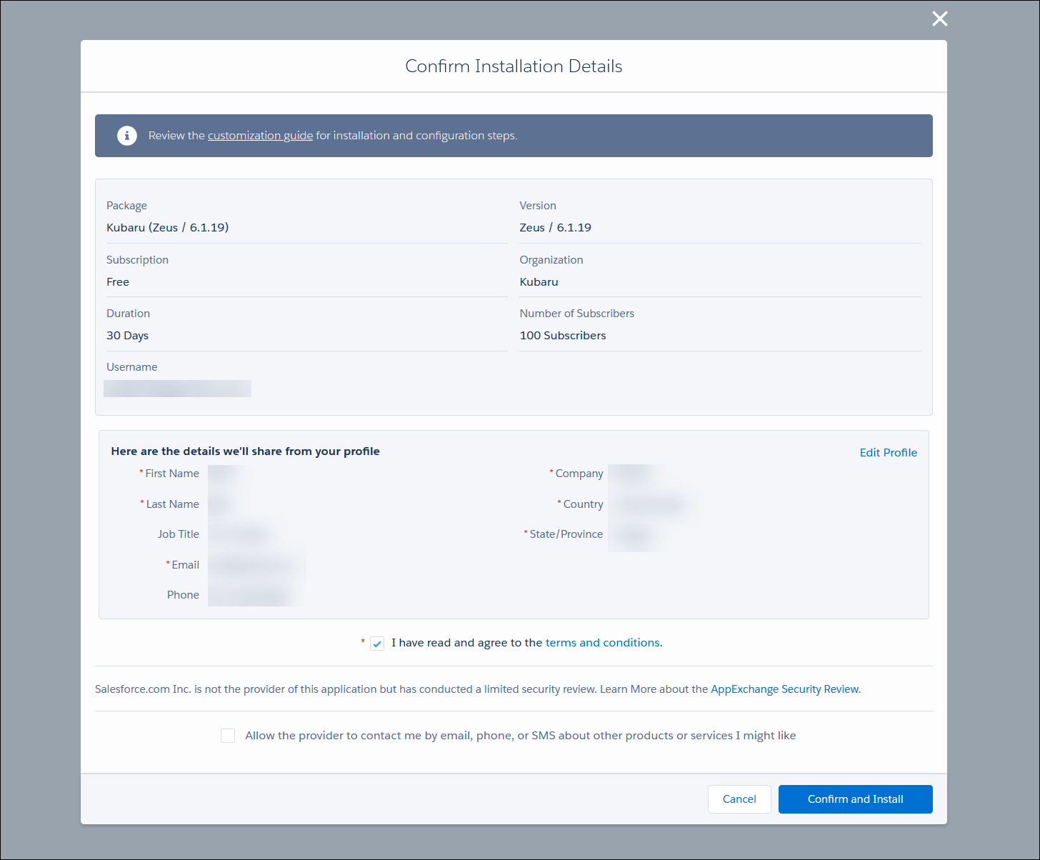 This page displays the installation details and terms and conditions.