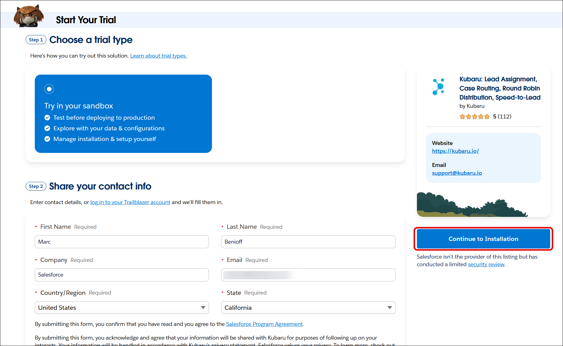 Select Try In Your Sandbox, enter your contact info, and click Continue to Installation