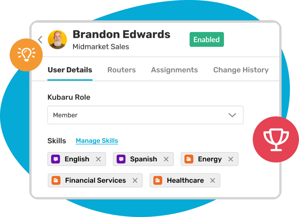 Kubaru user profile displaying assigned skills, industry expertise, and lead assignment eligibility