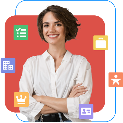 Smiling professional woman standing confidently with arms crossed, surrounded by colorful icons representing different Salesforce objects.