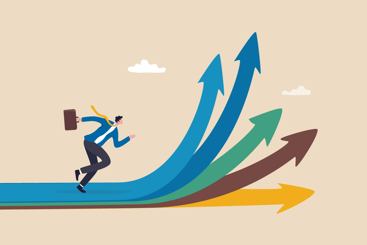 Illustration of a business professional running ahead of rising arrows, symbolizing how the best Salesforce lead routing software accelerates sales performance and improves lead flow efficiency.
