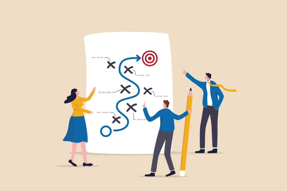 A team of three business people is configuring complex lead routing and mapping the customer journey with Salesforce assignment rules.