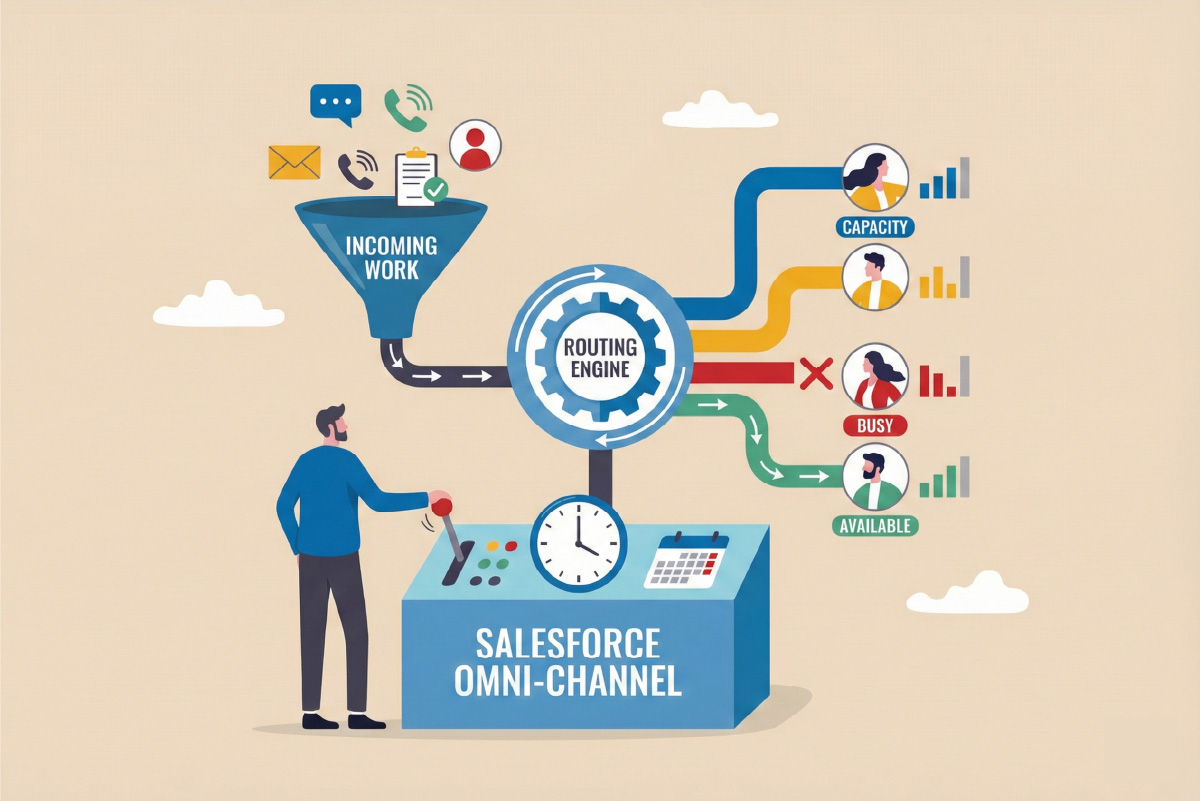 Infographic illustrating the Salesforce Omni-Channel routing engine distributing incoming work items to agents based on their capacity, busy status, and availability.