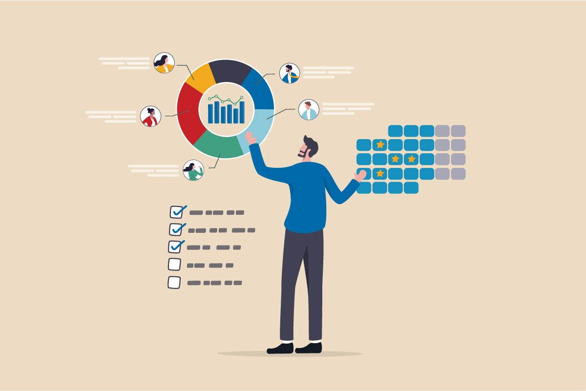 An illustration depicting a manager using data charts, checklists, and performance indicators to organize and track support requests, representing an efficient salesforce ticketing system.