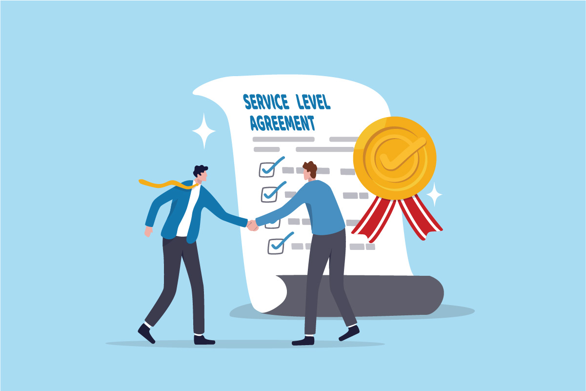 Two business people shaking hands in front of a Service Level Agreement document and a gold medal, representing the successful management of Salesforce entitlements and milestones and service level agreements.