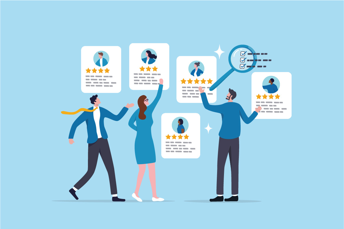 A team of three business people is evaluating various software options, symbolized by profile cards with four-star ratings and a checklist, looking for the best Chili Piper alternatives.