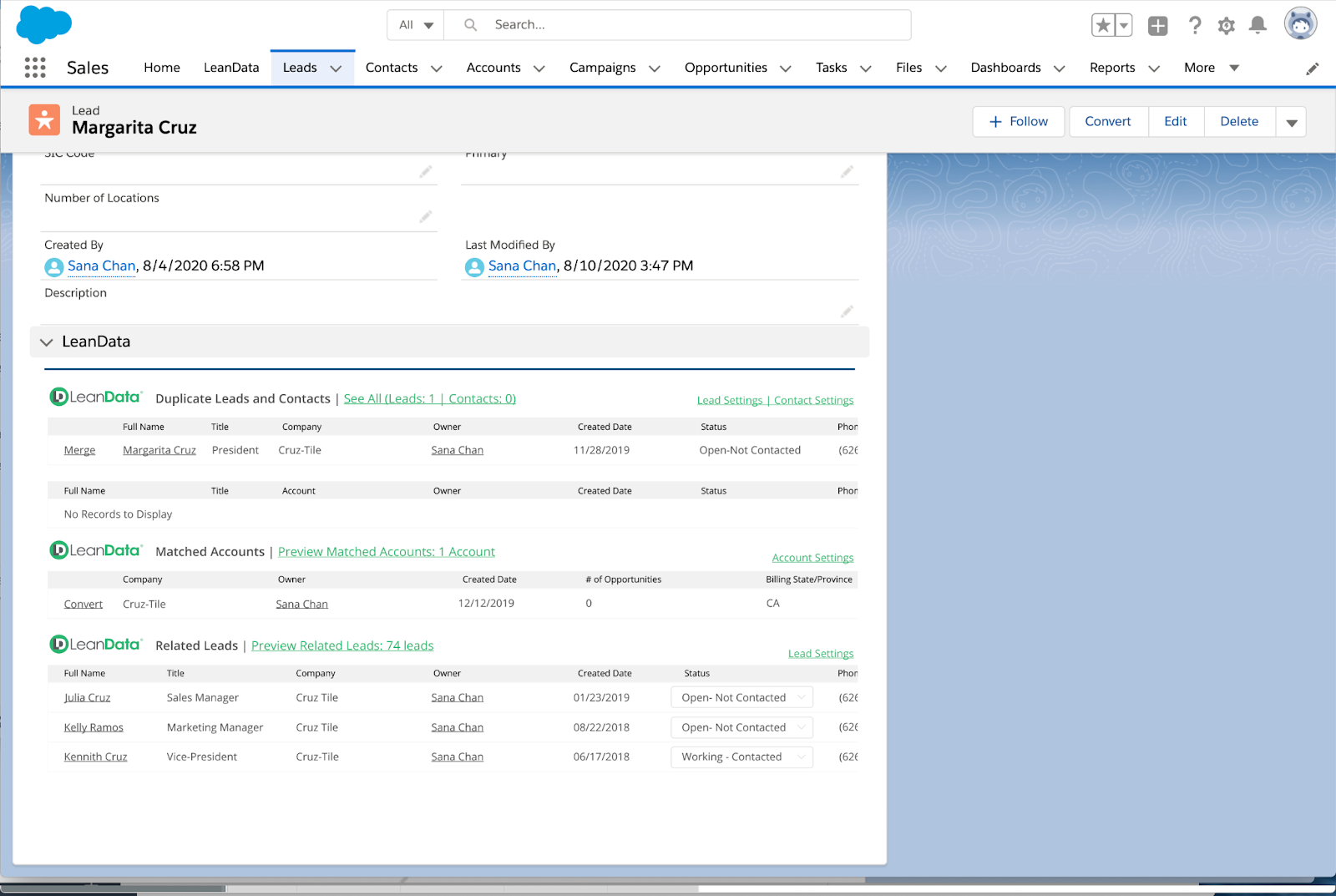 LeanData for Salesforce lead record: Dashboard view of duplicate detection, matched accounts, and related leads within the lead record interface.