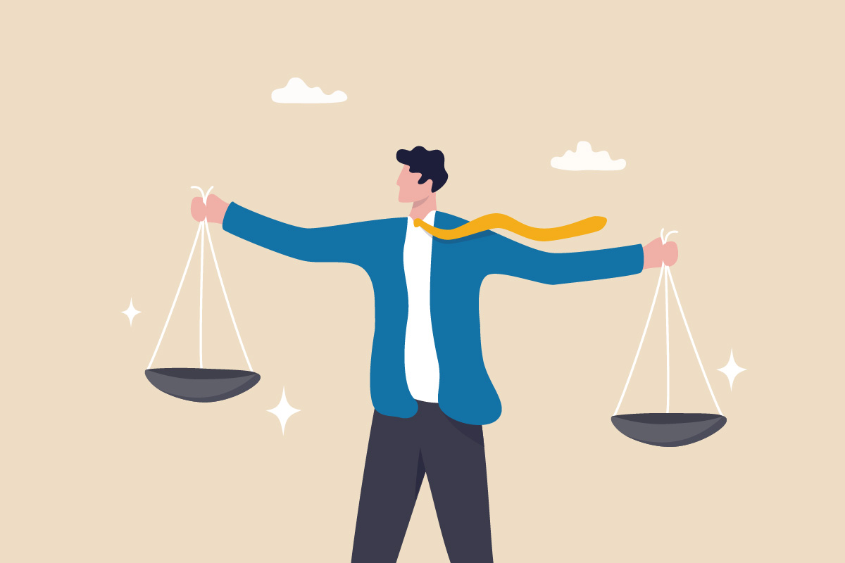 A vector illustration shows a businessman holding two balance scales, comparing LeanData versus Sweep against a simple background.