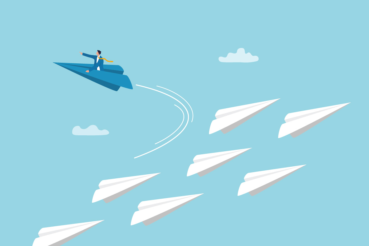 A businessman on a blue paper airplane flying in a different direction than a flock of white paper planes, illustrating Sweep alternatives for business lead routing.