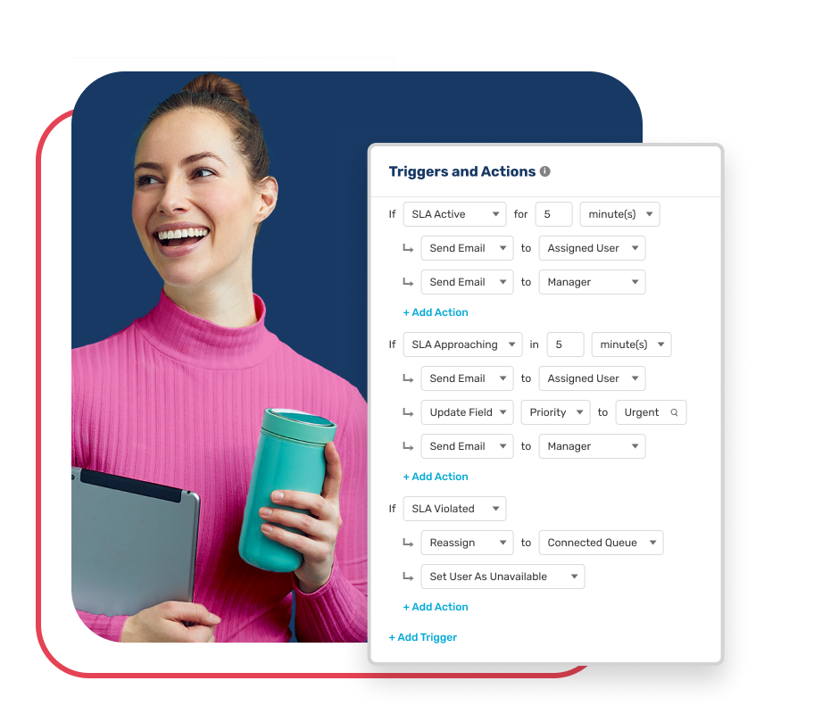 Kubaru interface for configuring flexible SLA triggers and actions, showing automated email alerts, field updates, and record reassignments based on SLA status.
