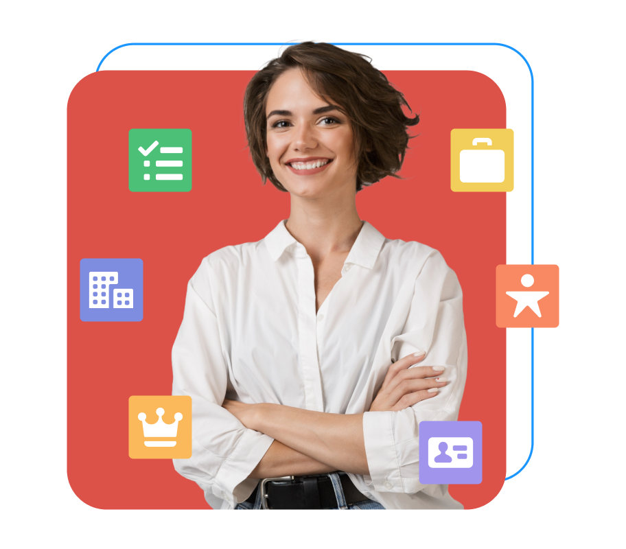 Concept of Kubaru SLA management for Salesforce, showing a professional surrounded by standard and custom object icons, representing the ability to track SLAs on leads, opportunities, and any other Salesforce object out of the box.