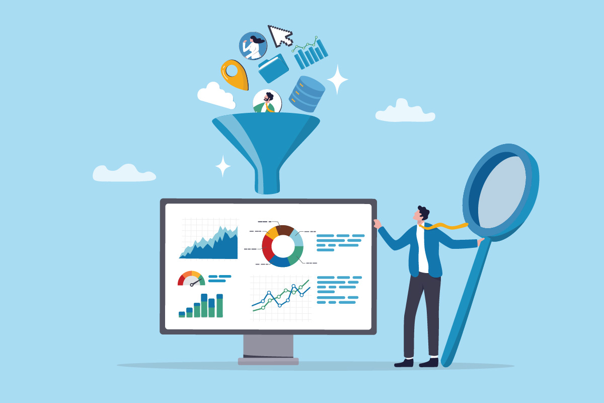 Conceptual illustration of automated lead routing, showing data and leads being filtered into a centralized system for improved sales efficiency.