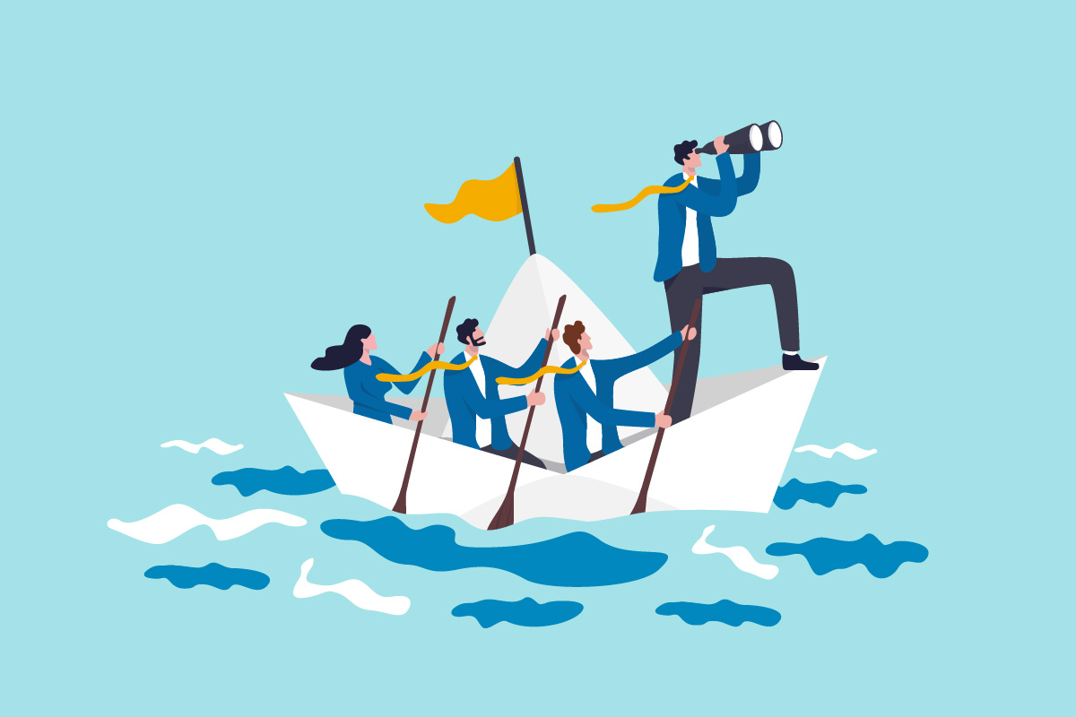 Illustration showing a team working together in a paper boat to symbolize effective lead routing best practices and coordinated sales outreach.