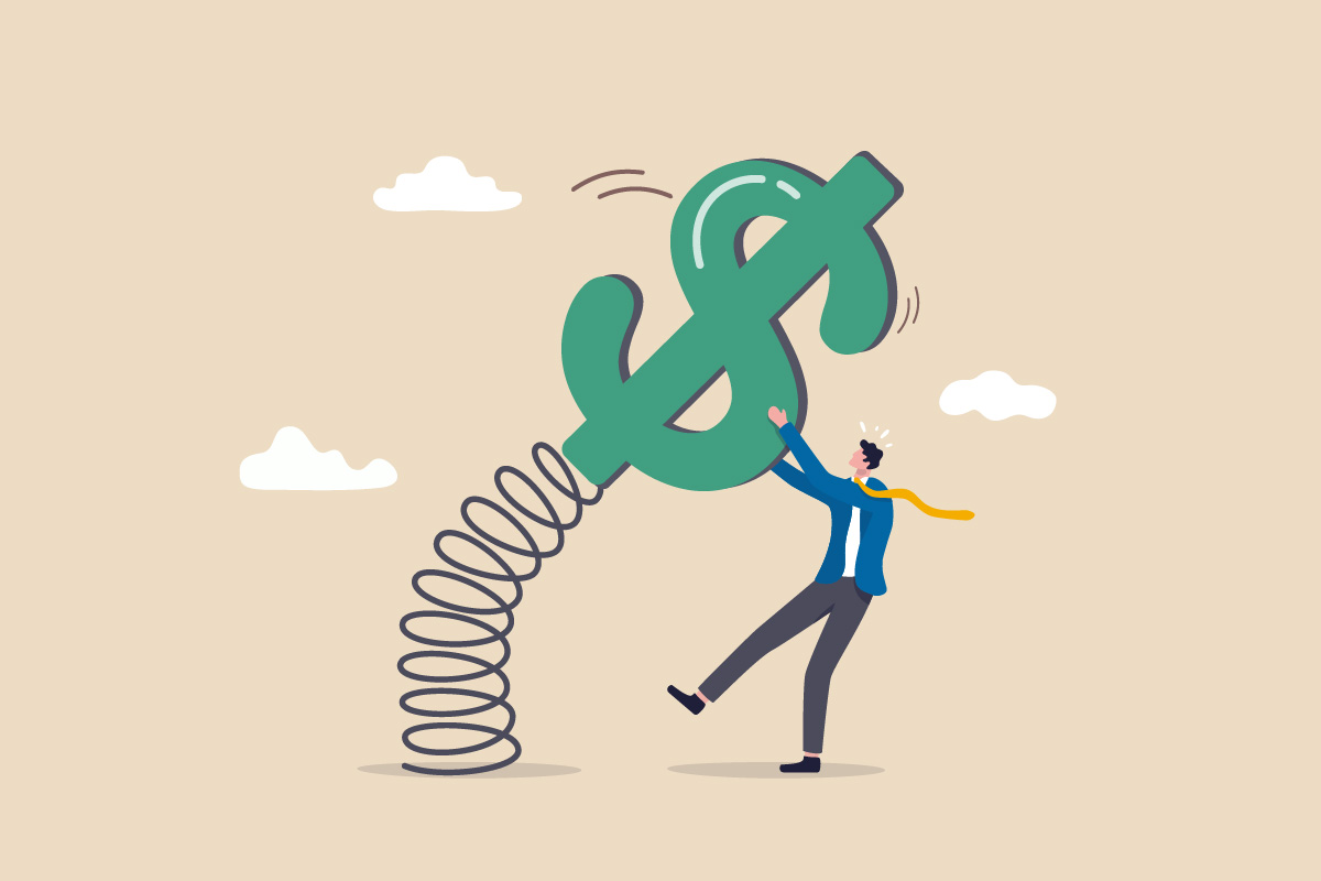 Illustration of a businessman struggling to push back a giant dollar sign on a spring, representing the potential challenges of Plauti pricing.