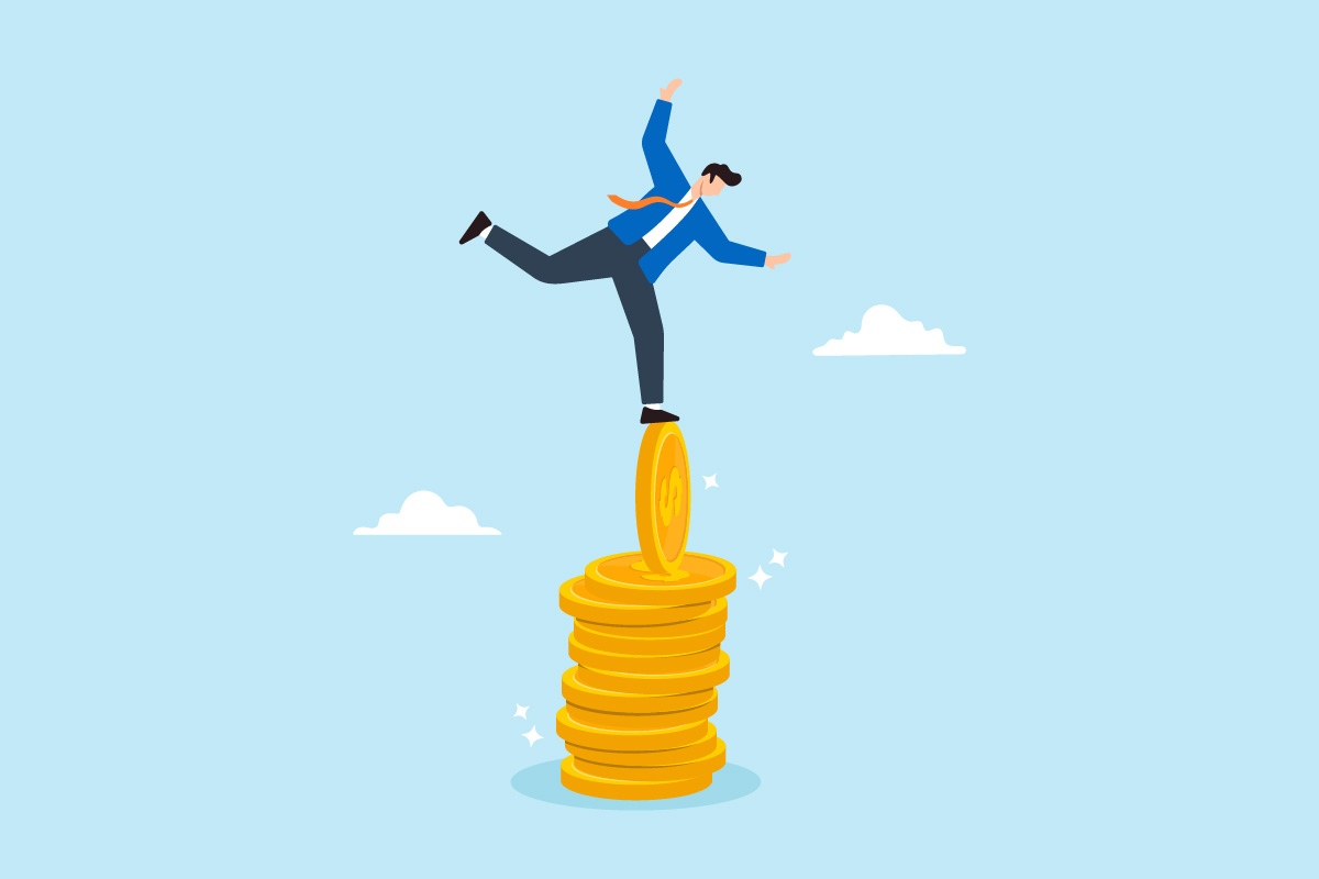 Illustration of a businessman carefully balancing on a tall stack of gold coins, representing the delicate navigation of Q-sssign pricing.