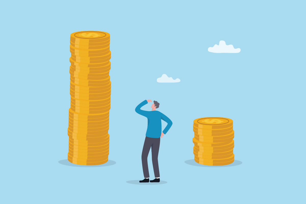 Illustration of a person comparing a tall stack of gold coins to a shorter stack, evaluating different distribution engine pricing options.